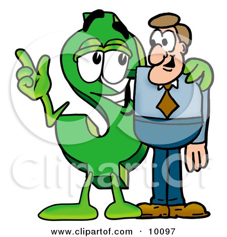 Clipart Picture of a Dollar Sign Mascot Cartoon Character Talking to a Business Man by Mascot Junction
