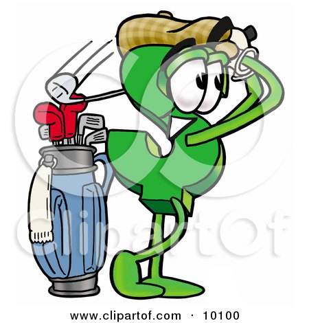 Clipart Picture of a Dollar Sign Mascot Cartoon Character Swinging His Golf Club While Golfing by Mascot Junction