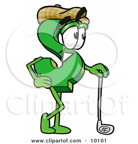 Clipart Picture of a Dollar Sign Mascot Cartoon Character Leaning on a Golf Club While Golfing by Mascot Junction
