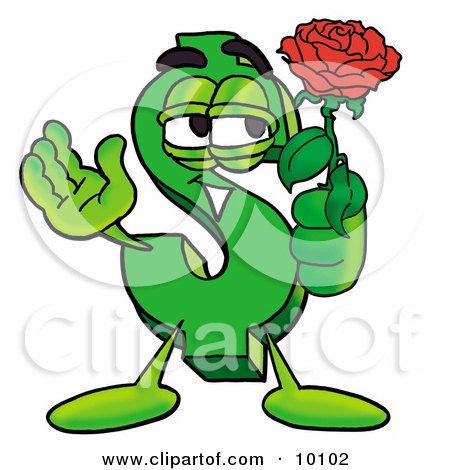 Clipart Picture of a Dollar Sign Mascot Cartoon Character Holding a Red Rose on Valentines Day by Mascot Junction