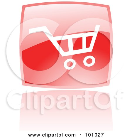 Royalty-Free (RF) Clipart Illustration of a Glossy Red Square Shopping Cart Web Icon And Reflection by cidepix