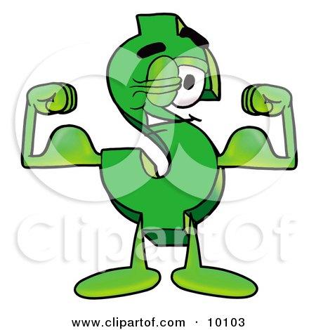Clipart Picture of a Dollar Sign Mascot Cartoon Character Flexing His Arm Muscles by Mascot Junction