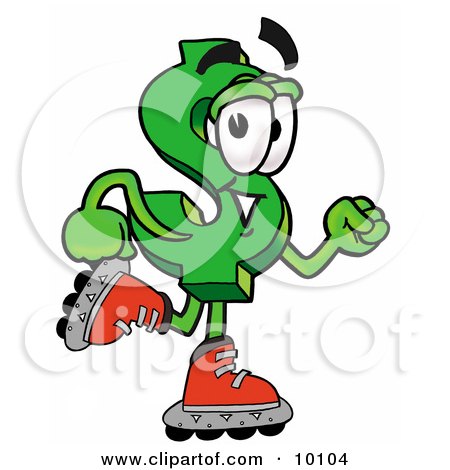 Clipart Picture of a Dollar Sign Mascot Cartoon Character Roller Blading on Inline Skates by Mascot Junction