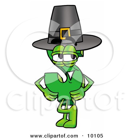 Clipart Picture of a Dollar Sign Mascot Cartoon Character Wearing a Pilgrim Hat on Thanksgiving by Mascot Junction