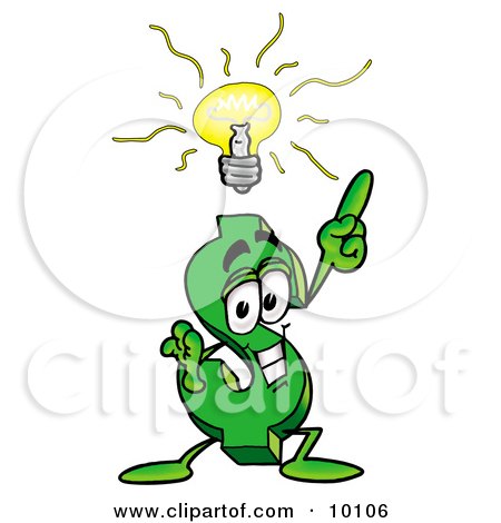 Clipart Picture of a Dollar Sign Mascot Cartoon Character With a Bright Idea by Toons4Biz