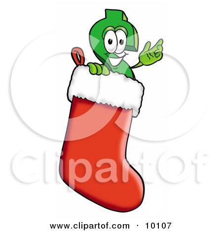 Clipart Picture of a Dollar Sign Mascot Cartoon Character Wearing a Santa Hat Inside a Red Christmas Stocking by Mascot Junction