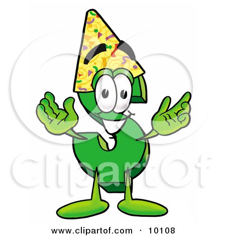 Clipart Picture of a Dollar Sign Mascot Cartoon Character Wearing a Birthday Party Hat by Mascot Junction