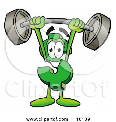 Clipart Picture of a Dollar Sign Mascot Cartoon Character Holding a Heavy Barbell Above His Head by Mascot Junction