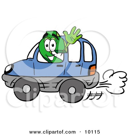 Clipart Picture of a Dollar Sign Mascot Cartoon Character Driving a Blue Car and Waving by Mascot Junction