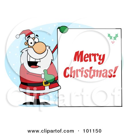 Royalty-Free (RF) Clipart Illustration of a Merry Christmas Greeting With Santa Presenting A Sign by Hit Toon