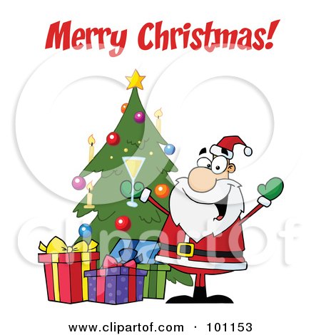 Royalty-Free (RF) Clipart Illustration of a Merry Christmas Greeting With Santa Toasting By A Tree by Hit Toon