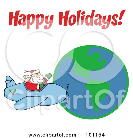 Royalty-Free (RF) Clipart Illustration of a Happy Holidays Greeting With Santa Flying Around Earth by Hit Toon