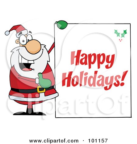 Royalty-Free (RF) Clipart Illustration of a Happy Holidays Greeting With Santa Presenting A Sign by Hit Toon