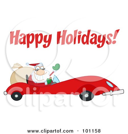 Royalty-Free (RF) Clipart Illustration of a Happy Holidays Greeting With Santa Driving by Hit Toon