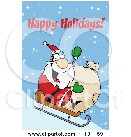 Royalty-Free (RF) Clipart Illustration of a Happy Holidays Greeting With Santa Sledding Downhill by Hit Toon