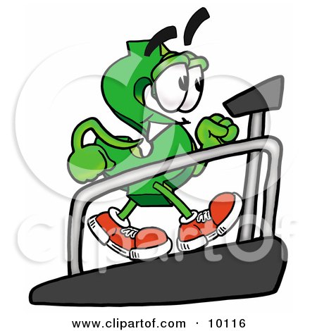 Clipart Picture of a Dollar Sign Mascot Cartoon Character Walking on a Treadmill in a Fitness Gym by Mascot Junction