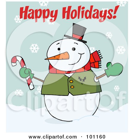 Royalty-Free (RF) Clipart Illustration of a Happy Holidays Greeting With A Snowman Waving And Holding A Candy Cane by Hit Toon