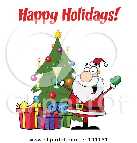 Royalty-Free (RF) Clipart Illustration of a Happy Holidays Greeting With Santa Toasting By A Tree by Hit Toon
