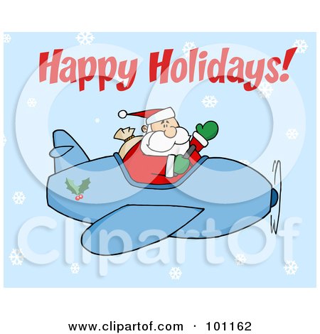 Royalty-Free (RF) Clipart Illustration of a Happy Holidays Greeting With Santa Flying In The Snow by Hit Toon