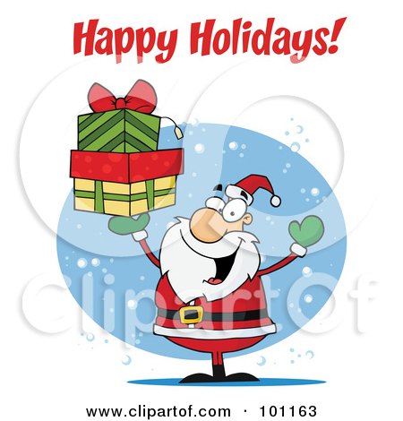 Royalty-Free (RF) Clipart Illustration of a Happy Holidays Greeting With Santa Holding Gifts by Hit Toon