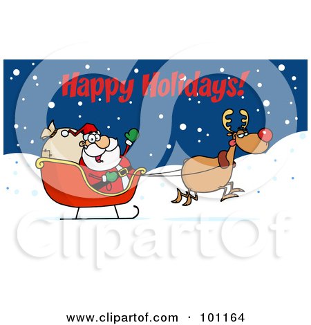 Royalty-Free (RF) Clipart Illustration of a Happy Holidays Greeting With Santa And Rudolph With The Sleigh by Hit Toon