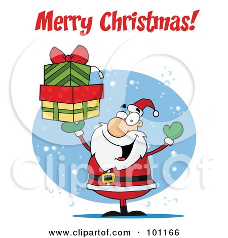 Royalty-Free (RF) Clipart Illustration of a Merry Christmas Greeting With Santa Holding Presents by Hit Toon
