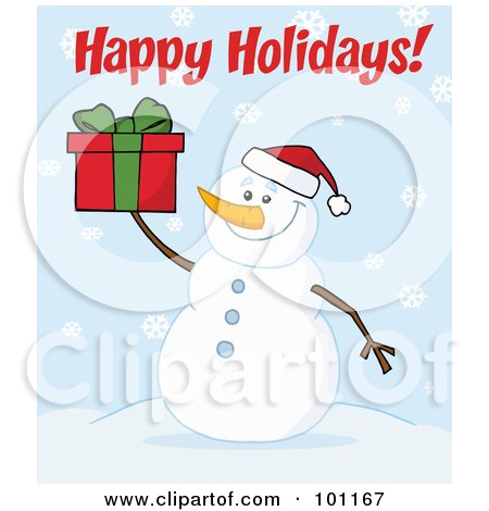 Royalty-Free (RF) Clipart Illustration of a Happy Holidays Greeting With A Snowman Holding A Present by Hit Toon