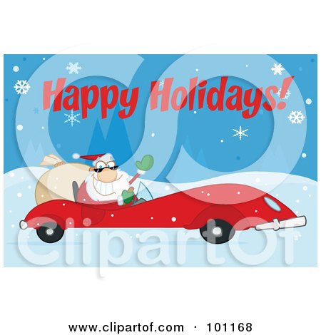 Royalty-Free (RF) Clipart Illustration of a Happy Holidays Greeting With Santa Driving In The Snow by Hit Toon