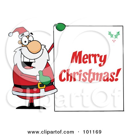 Royalty-Free (RF) Clipart Illustration of a Merry Christmas Greeting With Santa Holding A Sign by Hit Toon