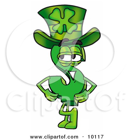 Clipart Picture of a Dollar Sign Mascot Cartoon Character Wearing a Saint Patricks Day Hat With a Clover on it by Mascot Junction
