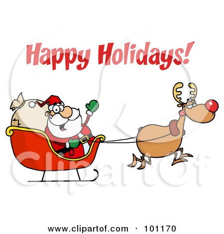 Royalty-Free (RF) Clipart Illustration of a Happy Holidays Greeting With Santa And Rudolph With A Sleigh by Hit Toon