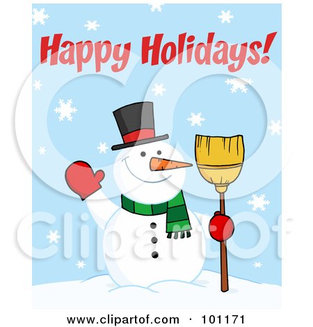 Royalty-Free (RF) Clipart Illustration of a Happy Holidays Greeting With A Snowman Waving And Holding A Broom by Hit Toon
