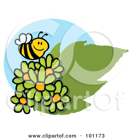 Royalty-Free (RF) Clipart Illustration of a Happy Bee Flying Over Green Daisies by Hit Toon