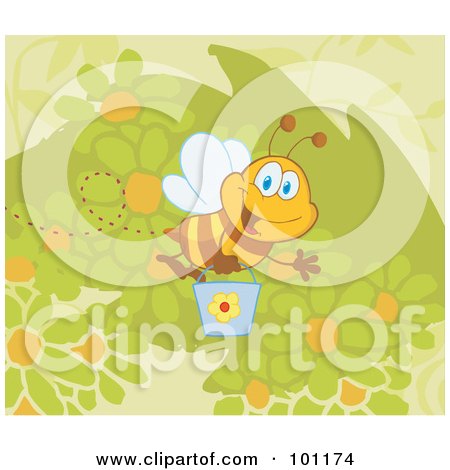 Royalty-Free (RF) Clipart Illustration of a Happy Bee Flying With A Bucket Over Flowers by Hit Toon