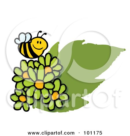 Royalty-Free (RF) Clipart Illustration of a Happy Honey Bee Flying Over Green Daisies by Hit Toon