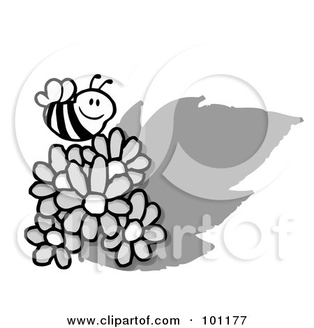 Royalty-Free (RF) Clipart Illustration of a Grayscale Honey Bee Flying Over Daisies by Hit Toon