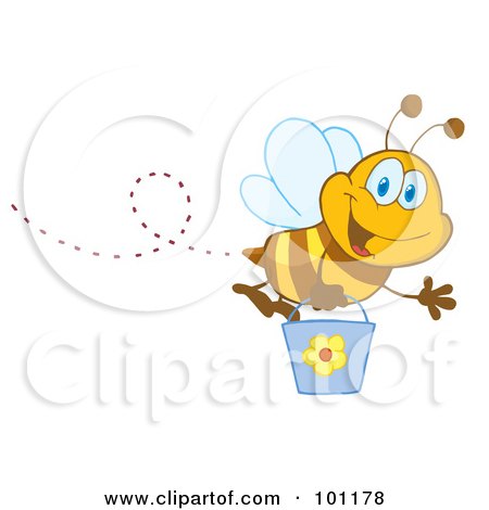 Royalty-Free (RF) Clipart Illustration of a Happy Honey Bee Flying With A Bucket And Waving by Hit Toon