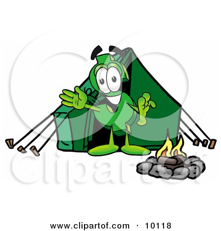 Clipart Picture of a Dollar Sign Mascot Cartoon Character Camping With a Tent and Fire by Mascot Junction