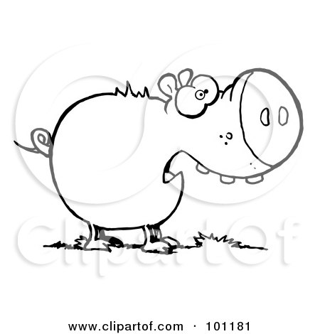 Royalty-Free (RF) Clipart Illustration of a Coloring Page Outline Of A Chubby Pig Eating Grass Scared Pig With An Open Mouth by Hit Toon