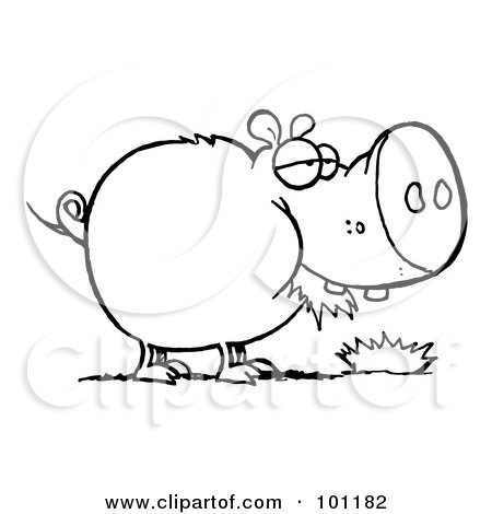 Royalty-Free (RF) Clipart Illustration of a Coloring Page Outline Of A Chubby Pig Eating Grass by Hit Toon