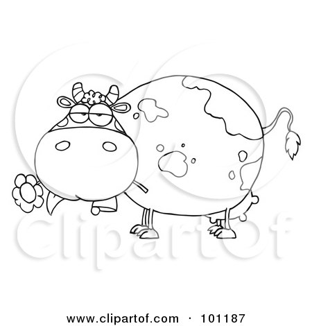 Royalty-Free (RF) Clipart Illustration of a Coloring Page Outline Of A Chubby Dairy Cow Snacking On A Flower by Hit Toon
