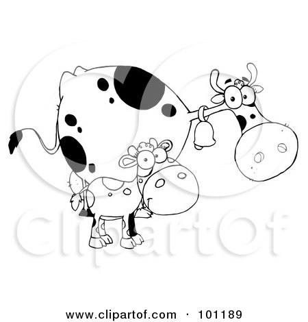 Royalty-Free (RF) Clipart Illustration of a Black And White Calf By A Mom Dairy Cow by Hit Toon