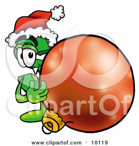 Clipart Picture of a Dollar Sign Mascot Cartoon Character Wearing a Santa Hat, Standing With a Christmas Bauble by Mascot Junction