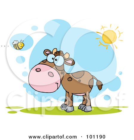 Royalty-Free (RF) Clipart Illustration of a Brown Calf Watching A Bee On A Sunny Day by Hit Toon