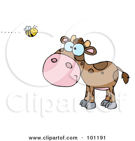 Royalty-Free (RF) Clipart Illustration of a Brown Calf Watching A Bee by Hit Toon