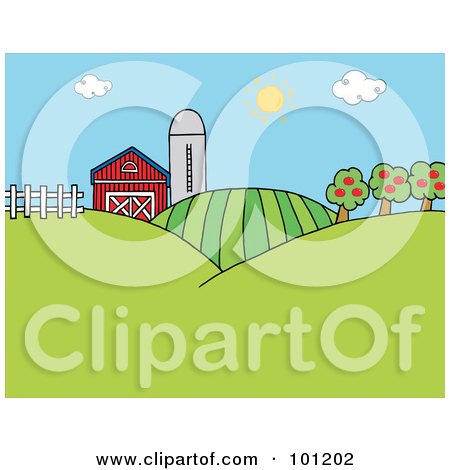 Royalty-Free (RF) Clipart Illustration of The Sun Above A Silo, Barn, Orchard, Hills And Crops On A Farm by Hit Toon