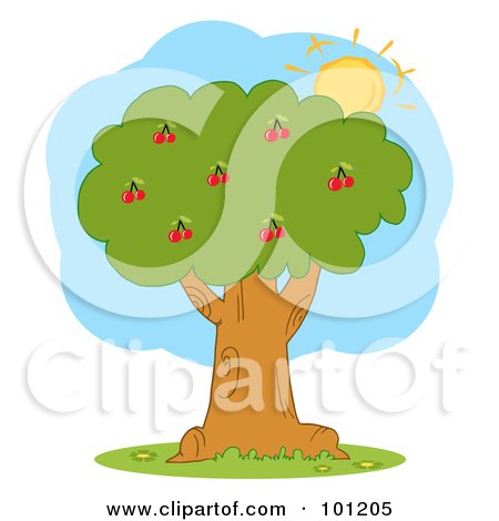 Royalty-Free (RF) Clipart Illustration of The Sun Merging Behind A Cherry Tree by Hit Toon