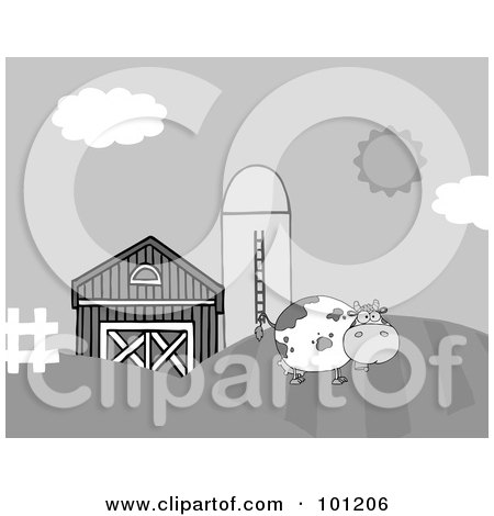 Royalty-Free (RF) Clipart Illustration of a Grayscale Cow On A Hill Near A Silo And Barn by Hit Toon