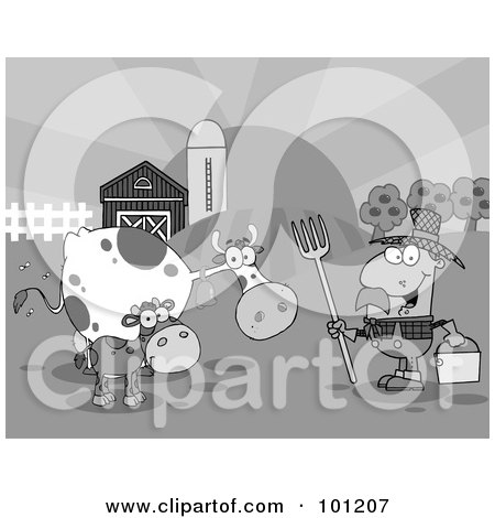 Royalty-Free (RF) Clipart Illustration of a Grayscale Farmer Tending To His Cattle On His Farm by Hit Toon