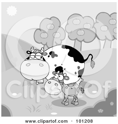 Royalty-Free (RF) Clipart Illustration of a Grayscale Baby And Mommy Cow Standing In A Pasture By An Orchard by Hit Toon